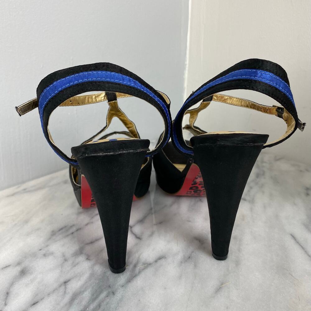 Bordello Giggle 02 Black Blue Satin T Strap Peep Toe Heel Pump Pinup Size 10 New - Picture 6 of 9